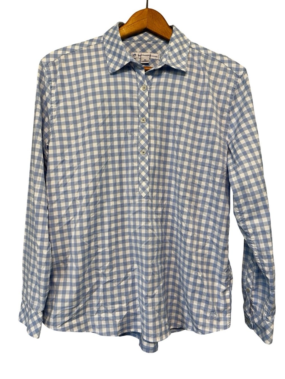 Southern Tide Intercoastal Blue White Gingham Half Button Pullover M Fish Golf